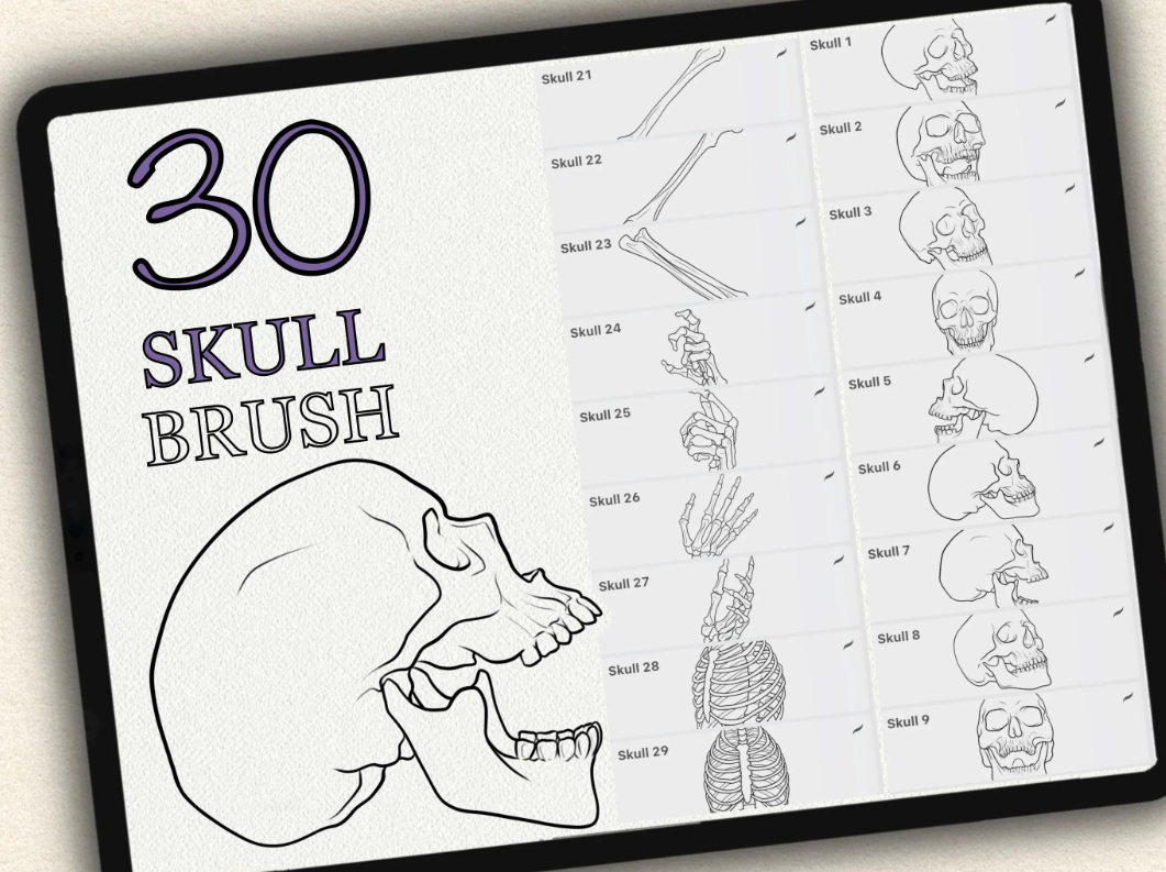 30 Skull Tattoo Brushes – Stamp Set for Procreate, Photoshop & CSP | Collection 2022