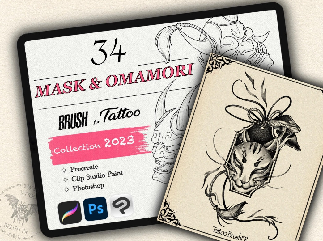 34 Mask & Omamori Tattoo Brushes – Stamp Set for Procreate, Photoshop & CSP | Collection 2023