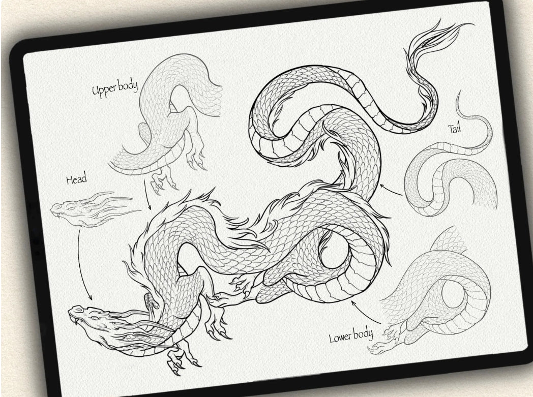 40 Dragons (Puzzle) Tattoo Brushes – Stamp Set for Procreate, Photoshop & CSP | Collection 2023