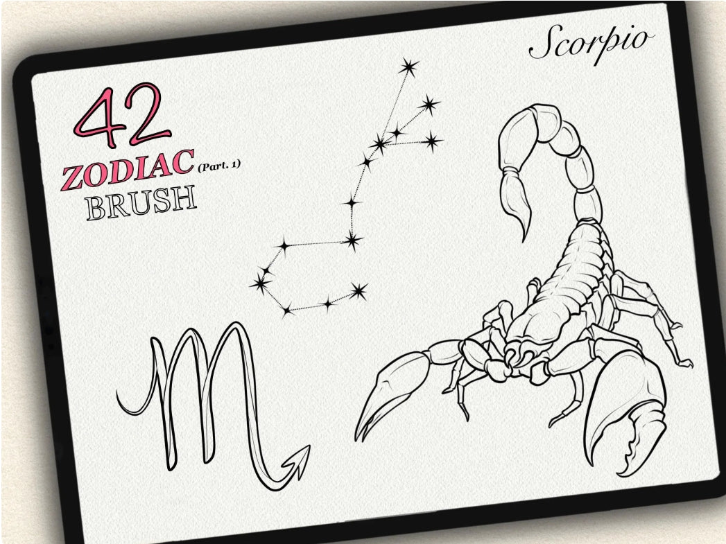 42 Zodiac Tattoo Brushes – Stamp Set – Part 1 – for Procreate, Photoshop & CSP | Collection 2023