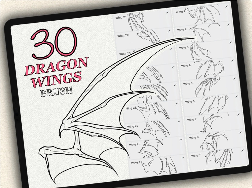 30 Dragons Wings Tattoo Brushes – Stamp Set for Procreate, Photoshop & CSP | Collection 2023