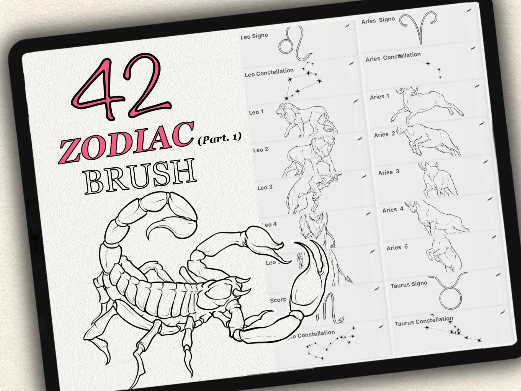 42 Zodiac Tattoo Brushes – Stamp Set – Part 1 – for Procreate, Photoshop & CSP | Collection 2023