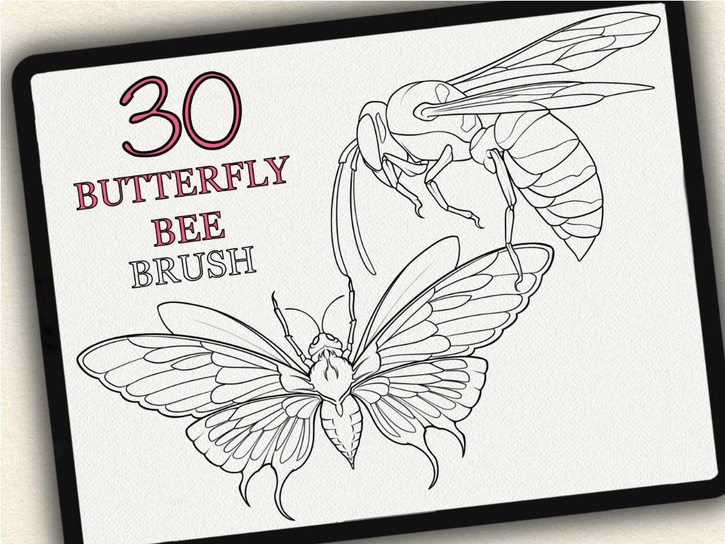 30 Butterfly & Bee Tattoo Brushes – Stamp Set for Procreate, Photoshop & CSP | Collection 2023