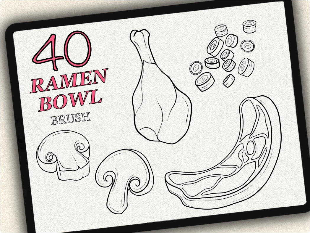 40 Ramen Bowl Tattoo Brushes – Stamp Set for Procreate, Photoshop & CSP | Collection 2023