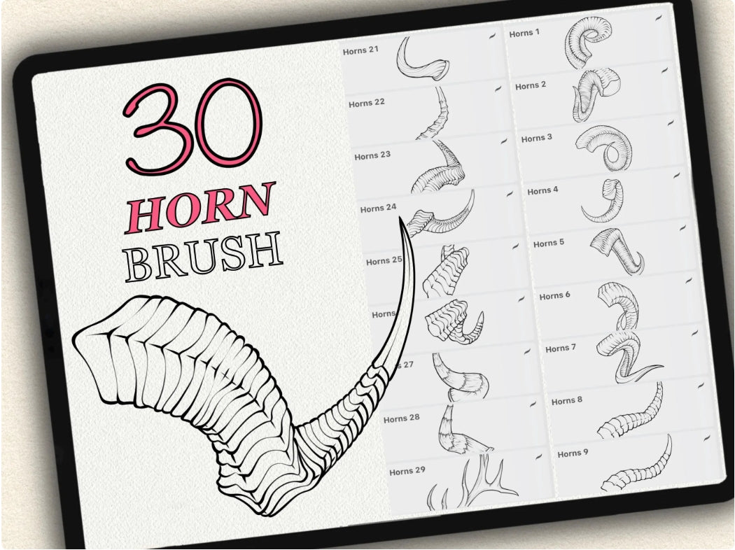 30 Horns Tattoo Brushes – Stamp Set for Procreate, Photoshop & CSP | Collection 2023