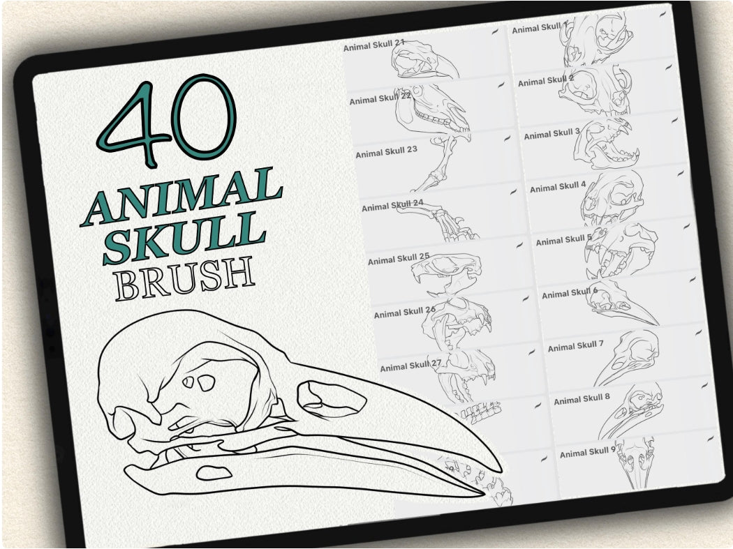 40 Animal Skull Tattoo Brushes – Stamp Set for Procreate, Photoshop & CSP | Collection 2024