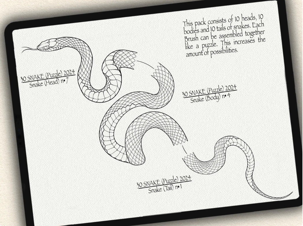 30 Snake (Puzzle) Tattoo Brushes – Stamp Set for Procreate, Photoshop & CSP | Collection 2024