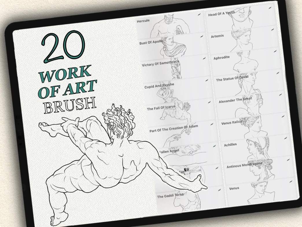20 Work of Art Tattoo Brushes – Stamp Set for Procreate, Photoshop & CSP | Collection 2024