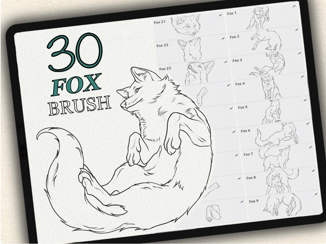 30 Fox Tattoo Brushes – Stamp Set for Procreate, Photoshop & CSP | Collection 2024
