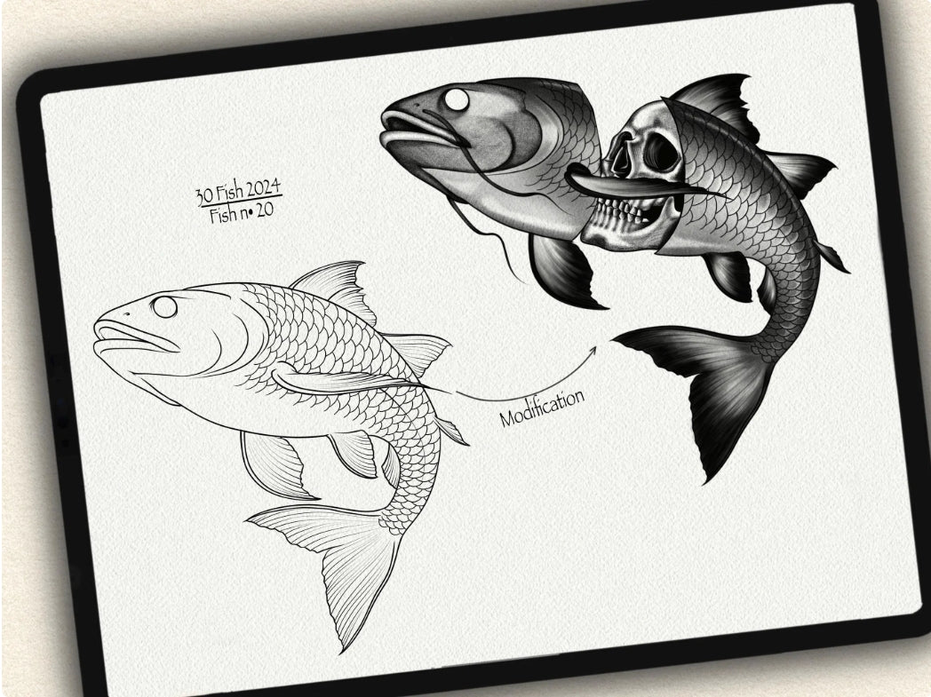 30 Fish Tattoo Brushes – Stamp Set for Procreate, Photoshop & CSP | Collection 2024