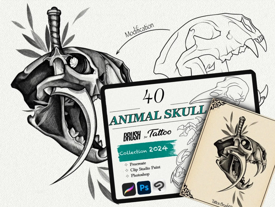 650 Tattoo Brushes – Stamp Set for Procreate, Photoshop & Clip Studio Paint | Collection 2024