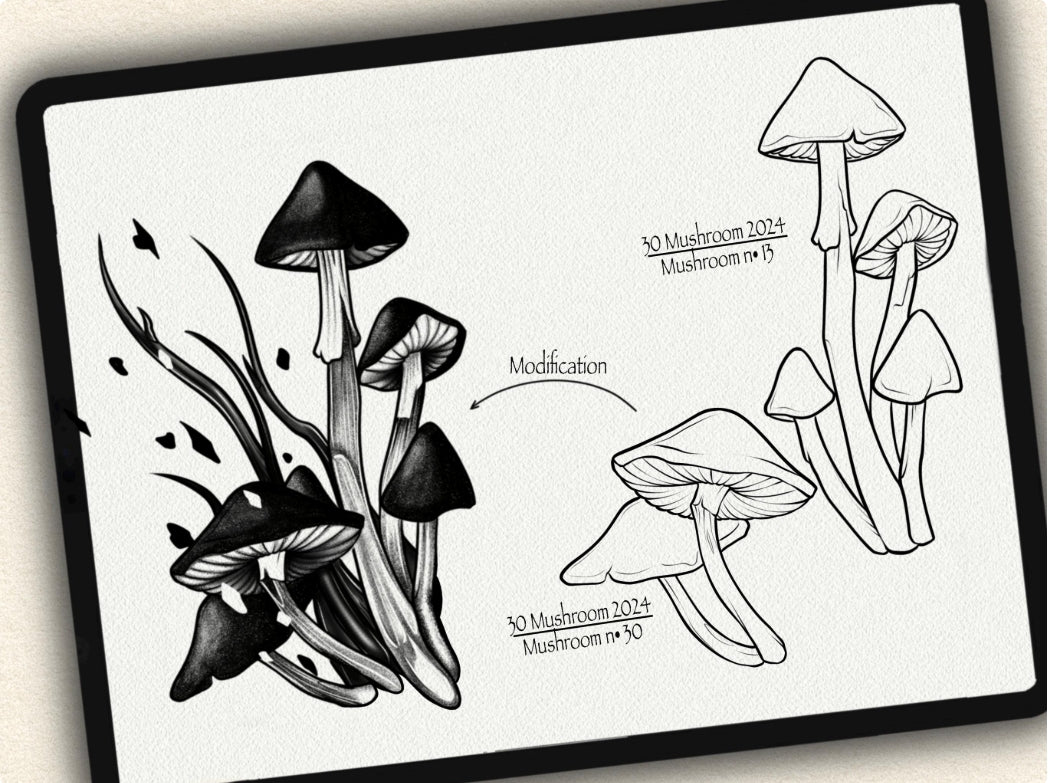 30 Mushroom Tattoo Brushes – Stamp Set for Procreate, Photoshop & CSP | Collection 2024