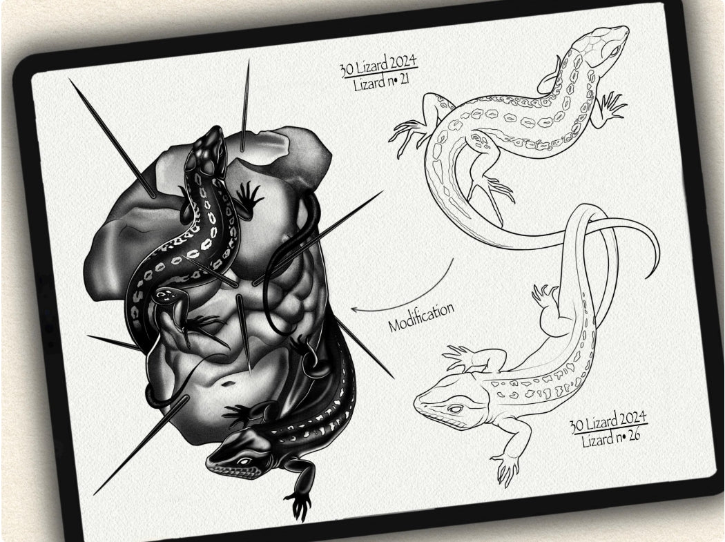 30 Lizard Theme Tattoo Brushes – Stamp Set for Procreate, Photoshop & CSP | Collection 2024