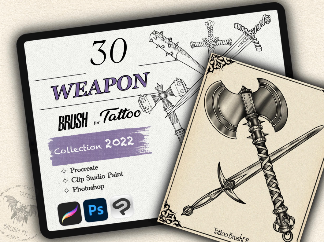 30 Weapon Tattoo Brushes – Stamp Set for Procreate, Photoshop & CSP | Collection 2022