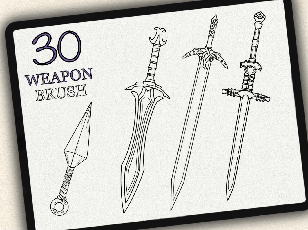 30 Weapon Tattoo Brushes – Stamp Set for Procreate, Photoshop & CSP | Collection 2022