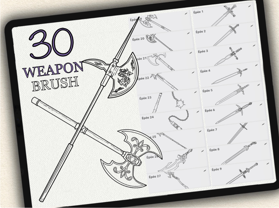 30 Weapon Tattoo Brushes – Stamp Set for Procreate, Photoshop & CSP | Collection 2022