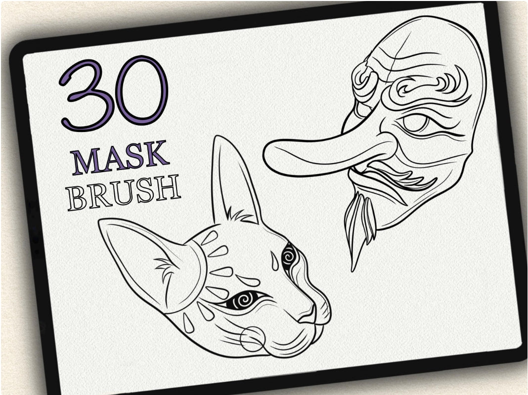 30 Mask Tattoo Brushes – Stamp Set for Procreate, Photoshop & CSP | Collection 2022