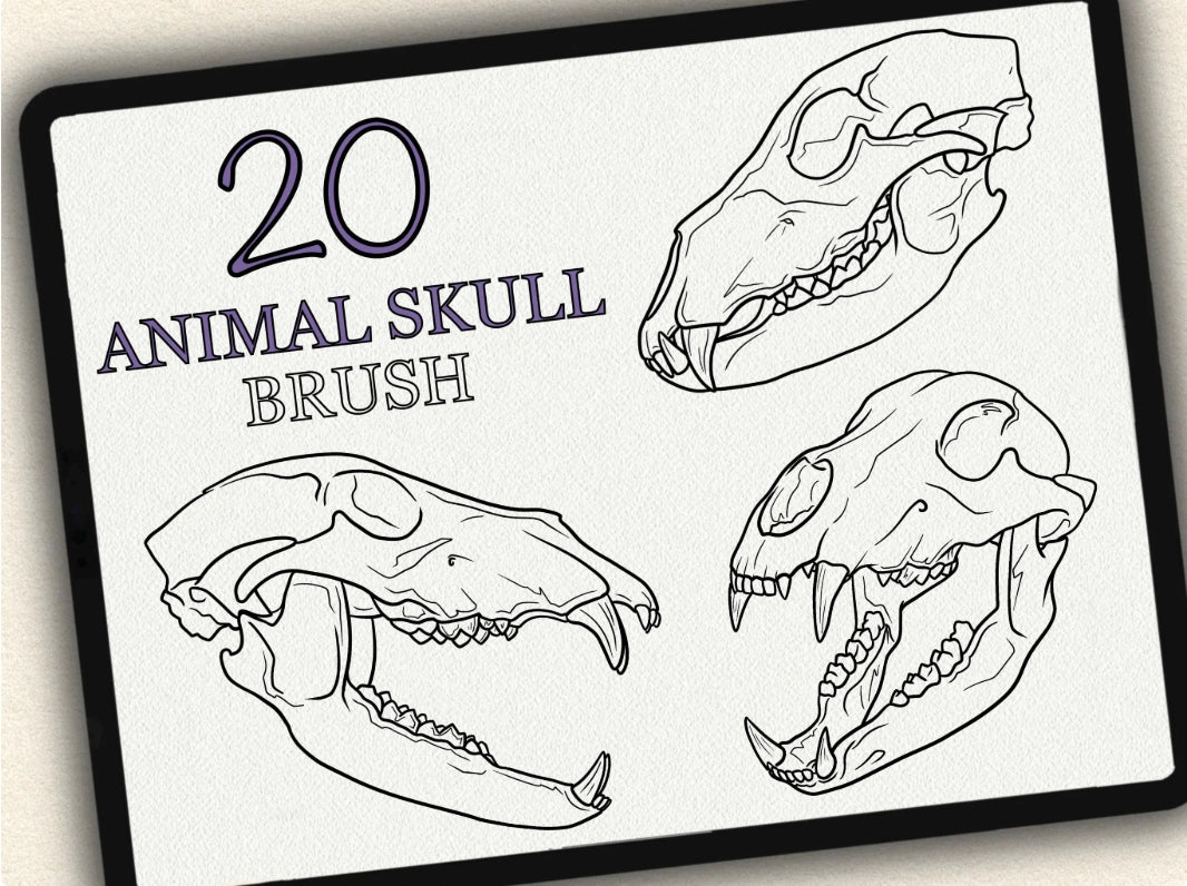 20 Animal Skull Tattoo Brushes – Stamp Set for Procreate, Photoshop & CSP | Collection 2022