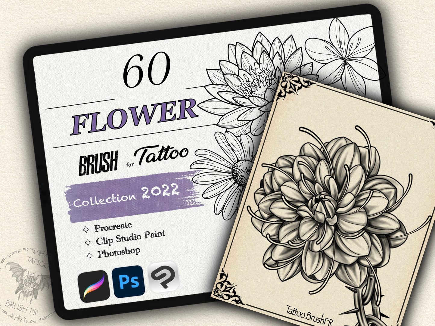 60 Flower Tattoo Brushes – Stamp Set for Procreate, Photoshop & CSP | Collection 2022