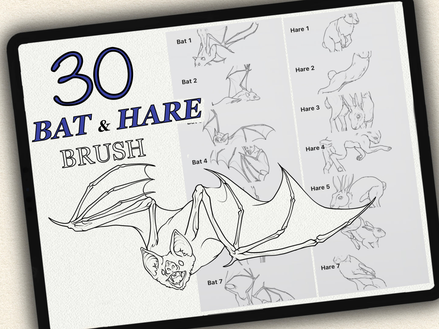 30 Bat & Hare Theme Tattoo Brushes – Stamp Set for Procreate, Photoshop & CSP | Collection 2025