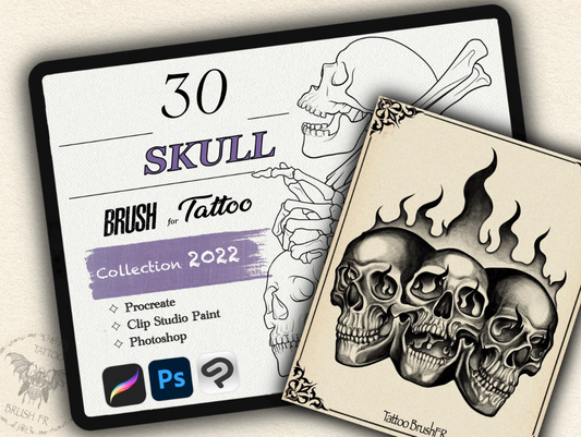 30 Skull Tattoo Brushes – Stamp Set for Procreate, Photoshop & CSP | Collection 2022