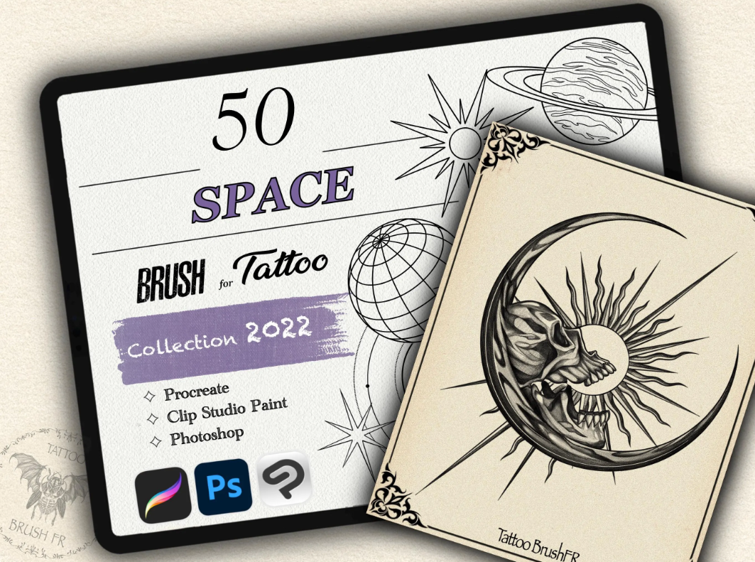 50 Space Tattoo Brushes – Stamp Set for Procreate, Photoshop & CSP | Collection 2022