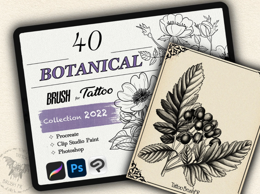 40 Botanical Tattoo Brushes – Stamp Set for Procreate, Photoshop & CSP | Collection 2022