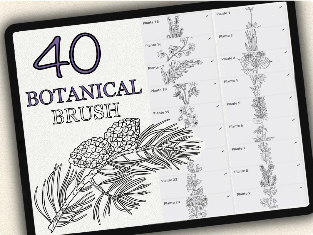 40 Botanical Tattoo Brushes – Stamp Set for Procreate, Photoshop & CSP | Collection 2022