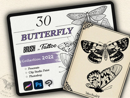 30 Butterfly Tattoo Brushes – Stamp Set for Procreate, Photoshop & CSP | Collection 2022