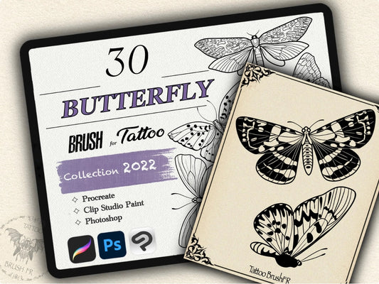 30 Butterfly Tattoo Brushes – Stamp Set for Procreate, Photoshop & CSP | Collection 2022