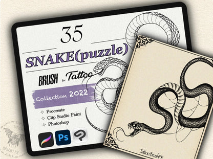 35 Snake (puzzle) Tattoo Brushes – Stamp Set for Procreate, Photoshop & CSP | Collection 2022