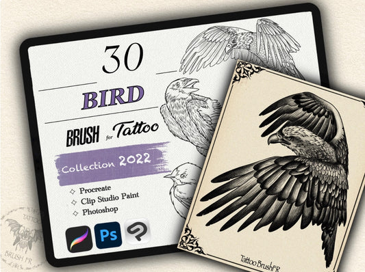 30 Bird Tattoo Brushes – Stamp Set for Procreate, Photoshop & CSP | Collection 2022
