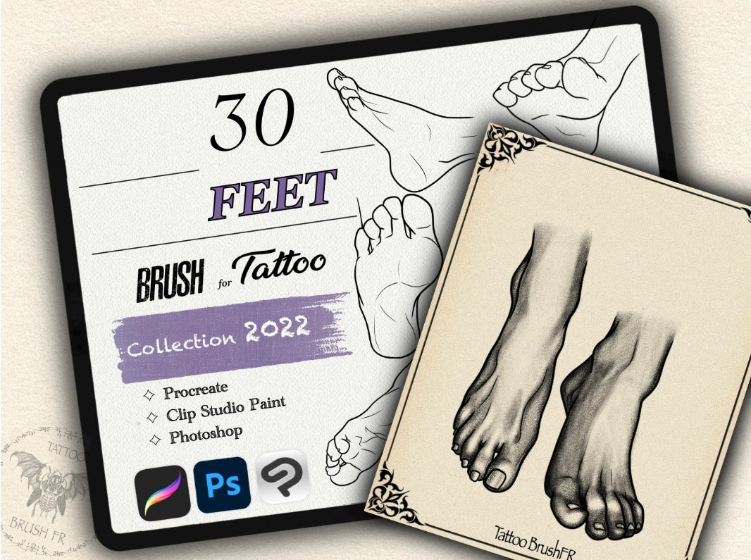30 Feet Tattoo Brushes – Stamp Set for Procreate, Photoshop & CSP | Collection 2022