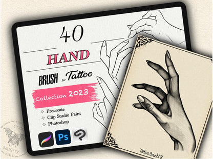 40 Hand Tattoo Brushes – Stamp Set for Procreate, Photoshop & CSP | Collection 2023
