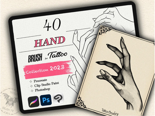 40 Hand Tattoo Brushes – Stamp Set for Procreate, Photoshop & CSP | Collection 2023