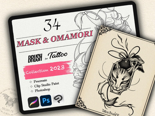 34 Mask & Omamori Tattoo Brushes – Stamp Set for Procreate, Photoshop & CSP | Collection 2023