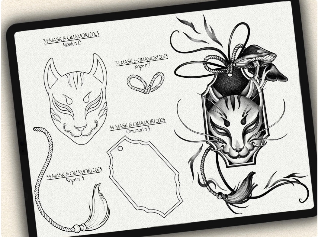 34 Mask & Omamori Tattoo Brushes – Stamp Set for Procreate, Photoshop & CSP | Collection 2023