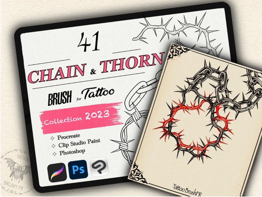 41 Chain & Thorn Tattoo Brushes – Stamp Set for Procreate, Photoshop & CSP | Collection 2023