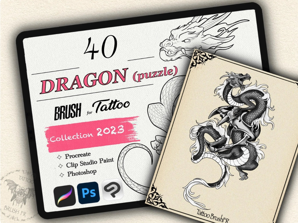40 Dragons (Puzzle) Tattoo Brushes – Stamp Set for Procreate, Photoshop & CSP | Collection 2023