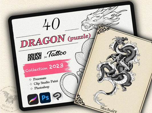 40 Dragons (Puzzle) Tattoo Brushes – Stamp Set for Procreate, Photoshop & CSP | Collection 2023