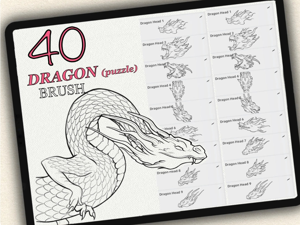 40 Dragons (Puzzle) Tattoo Brushes – Stamp Set for Procreate, Photoshop & CSP | Collection 2023