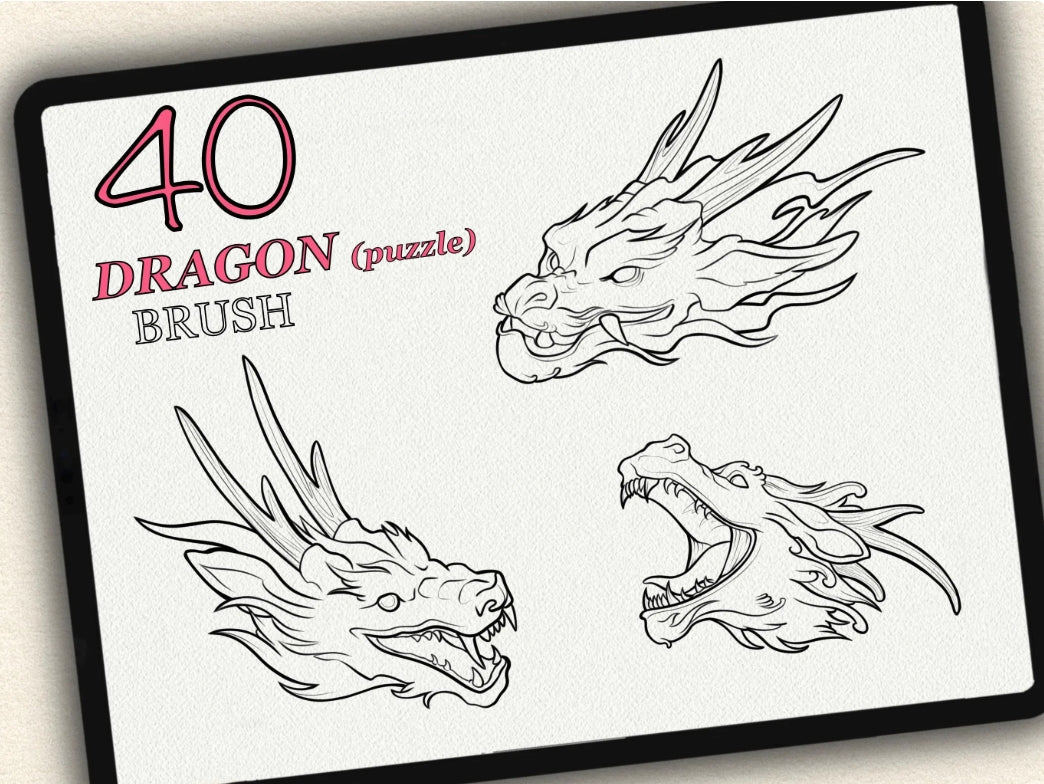 40 Dragons (Puzzle) Tattoo Brushes – Stamp Set for Procreate, Photoshop & CSP | Collection 2023