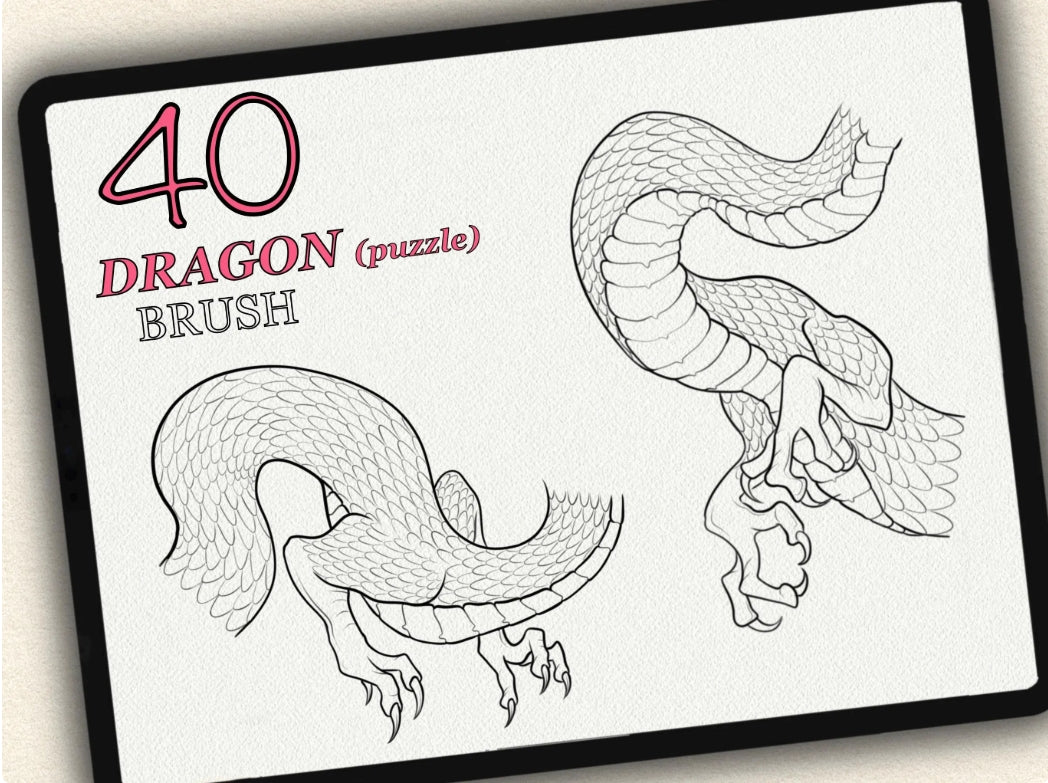 40 Dragons (Puzzle) Tattoo Brushes – Stamp Set for Procreate, Photoshop & CSP | Collection 2023
