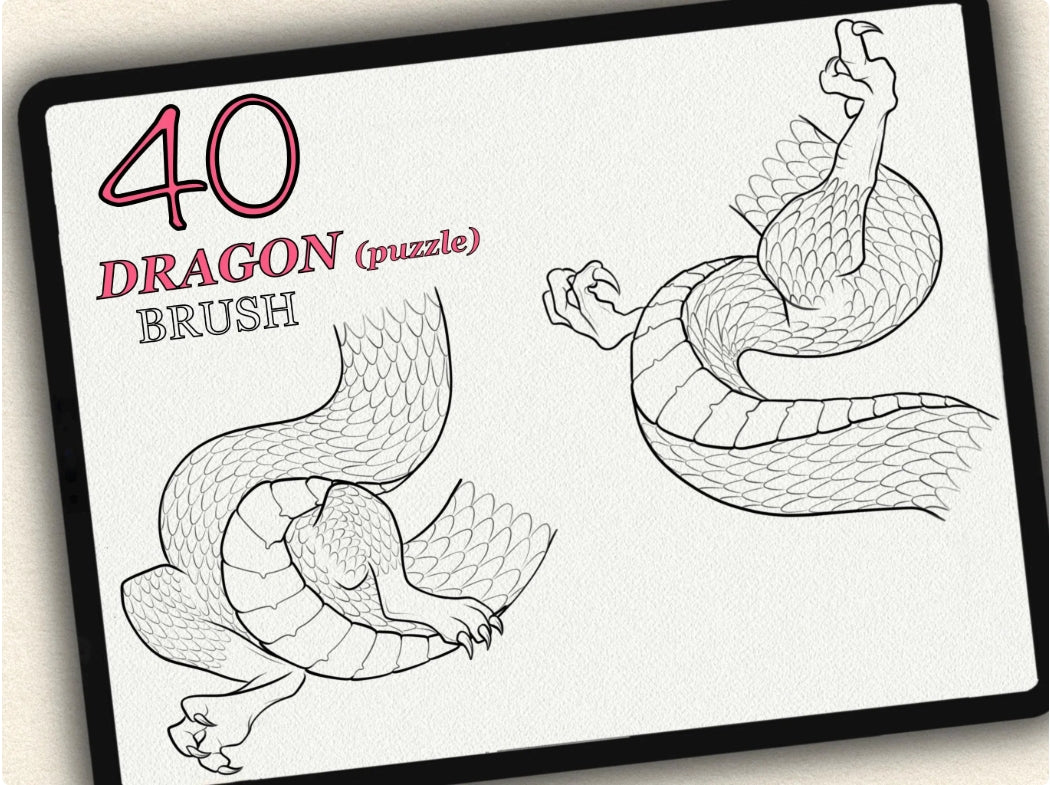 40 Dragons (Puzzle) Tattoo Brushes – Stamp Set for Procreate, Photoshop & CSP | Collection 2023