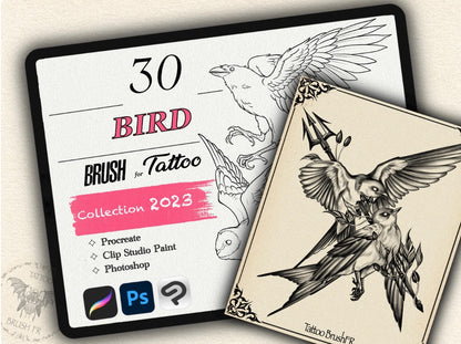 30 Bird Tattoo Brushes – Stamp Set for Procreate, Photoshop & CSP | Collection 2023
