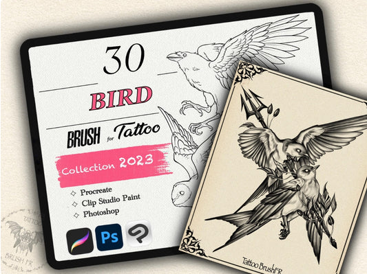 30 Bird Tattoo Brushes – Stamp Set for Procreate, Photoshop & CSP | Collection 2023