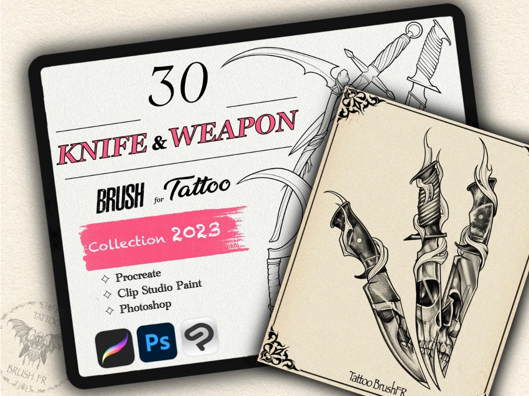 30 Knife & Weapon Tattoo Brushes – Stamp Set for Procreate, Photoshop & CSP | Collection 2023