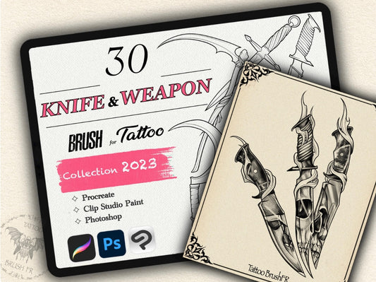 30 Knife & Weapon Tattoo Brushes – Stamp Set for Procreate, Photoshop & CSP | Collection 2023