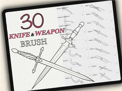 30 Knife & Weapon Tattoo Brushes – Stamp Set for Procreate, Photoshop & CSP | Collection 2023