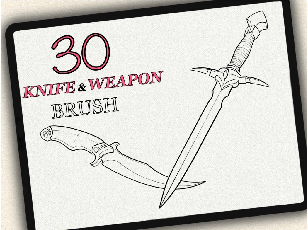 30 Knife & Weapon Tattoo Brushes – Stamp Set for Procreate, Photoshop & CSP | Collection 2023